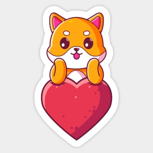 Cute dog shiba inu with big love. Gift for valentine's day with cute animal character illustration. Sticker